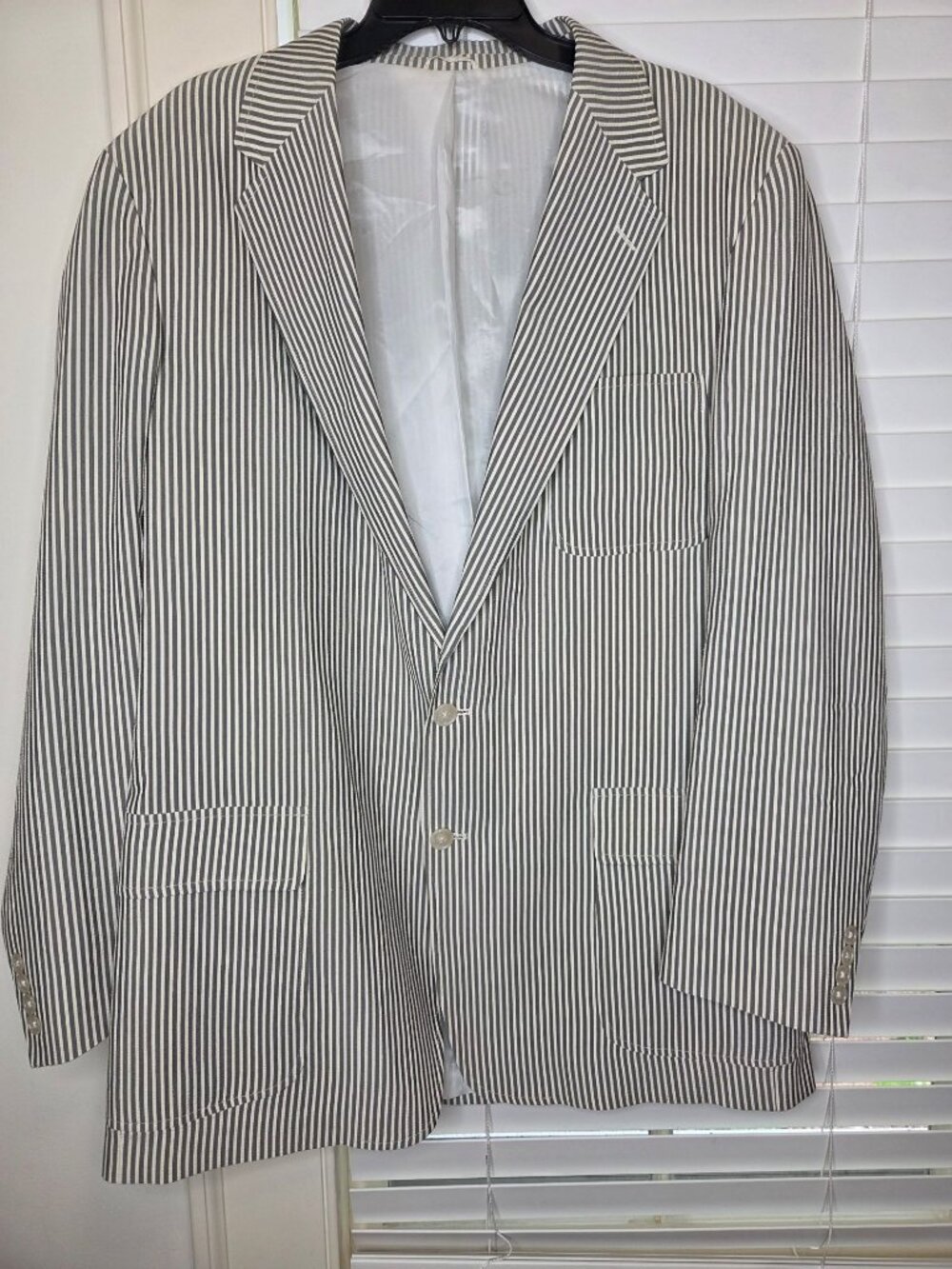VTG NORM THOMPSON Mens Seersucker Blazer 42R Sport Coat Casual Jacket Blue White
